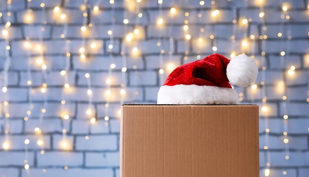 Foto caja de carga marrón en blanco con sombrero de papá noel en la pared de ladrillo superior con luces navideñas