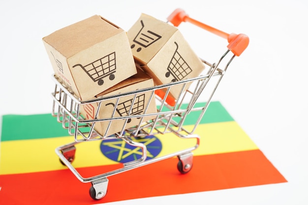Caja de carrito de compras en línea en la bandera de Etiopía importación exportación finanzas comercio