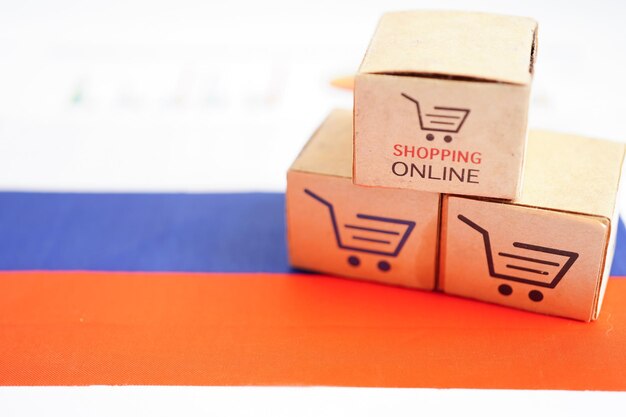 Caja de carrito de compras en línea bajo la bandera de Rusia importación exportación finanzas comercio