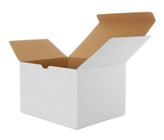 Caja de cartón abierta en blanco