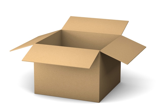 Foto caja de cartón abierta para entrega. aislado sobre fondo blanco. render 3d.