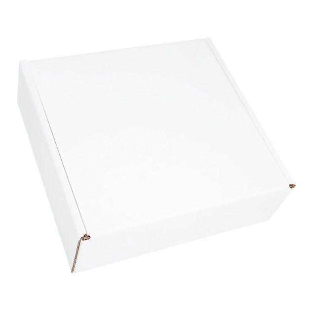 Caja de cartón en blanco blanco aislada sobre fondo blanco Maqueta de caja blanca