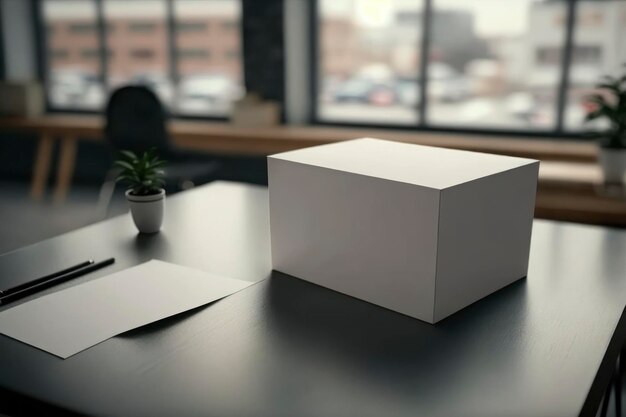 Caja de cartón en blanco sobre la mesa en el fondo de la habitación foto publicitaria foto ultra realista
