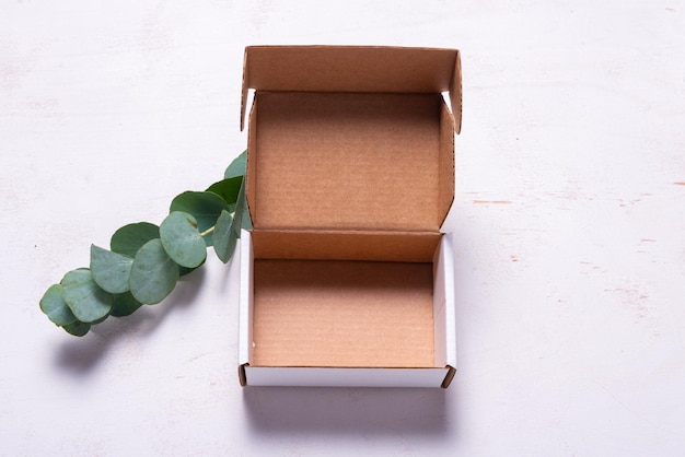 Caja de cartón de cartón blanco decorada con rama verde eucalyptus