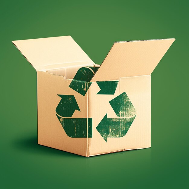 Caja de cartón con emblema de reciclaje en un fondo verde sostenible para las redes sociales