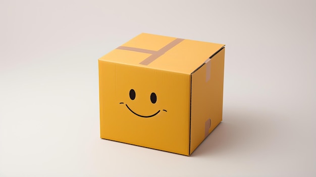 Foto caja de cartón de envío vacía con una simple carita sonriente.