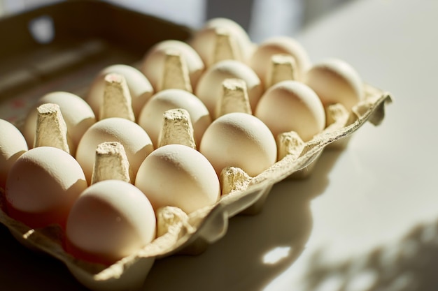 Caja de cartón con huevos blancos sobre fondo blanco.