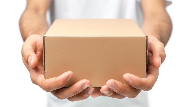 caja de cartón en manos masculinas aisladas sobre fondo blanco