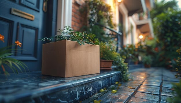 Foto una caja de cartón marrón está sentada en una repisa de piedra fuera de una casa por una imagen generada por ai