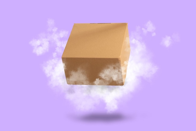 Caja de cartón marrón volando con nubes en un fondo púrpura