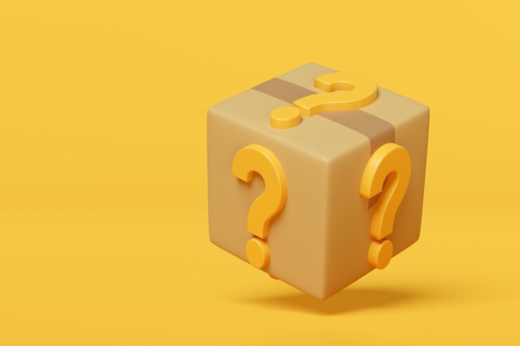 Caja de cartón de mercancías 3d con icono de símbolo de signo de interrogación naranja aislado en fondo amarillo Preguntas frecuentes o preguntas frecuentes concepto minimal 3d render ilustración ruta de recorte