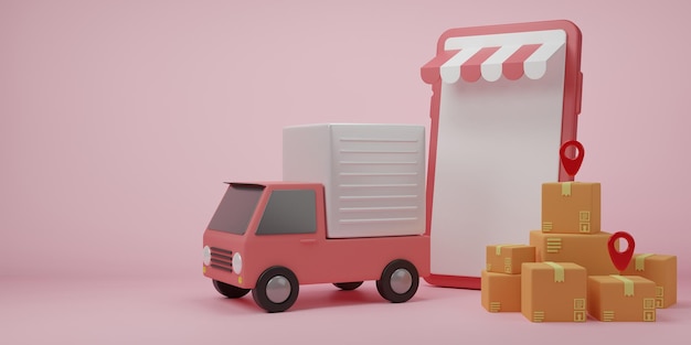 Caja de cartón mínima de dibujos animados o paquete de entrega. Concepto de servicio de entrega urgente en línea.
