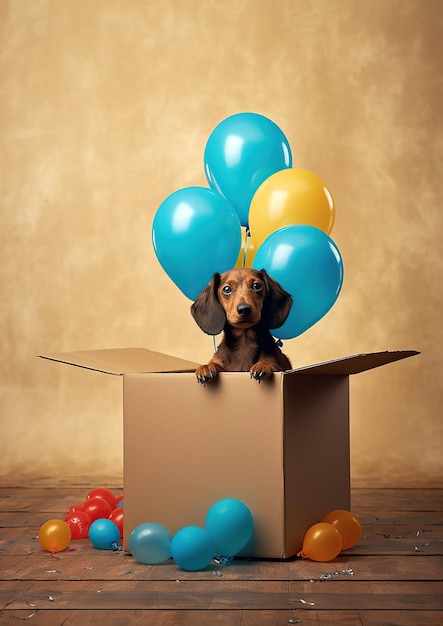 Foto caja de cartón con perro y globos en casa ia generativa