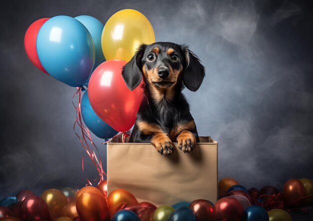 Caja de cartón con perro y globos en casa IA generativa