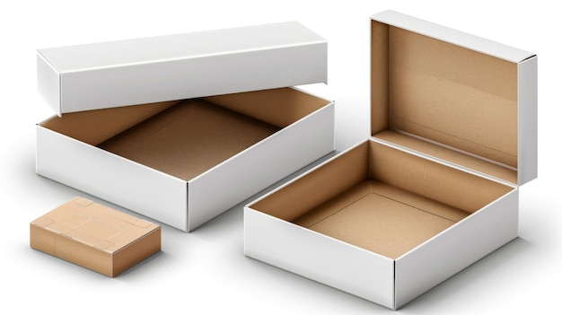 Foto caja de cartón rectangular con tapa con bisagras aislada sobre un fondo transparente envase de regalo vacío hecho de cartón blanco