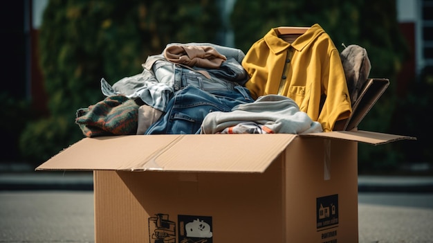 Caja de cartón con ropa vieja para el reciclaje