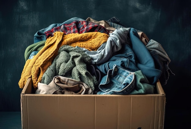 Caja de cartón con ropa vieja para reciclar y donar