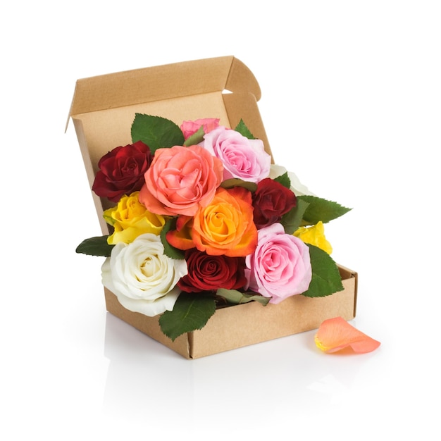 Caja de cartón de rosas frescas sobre fondo blanco.