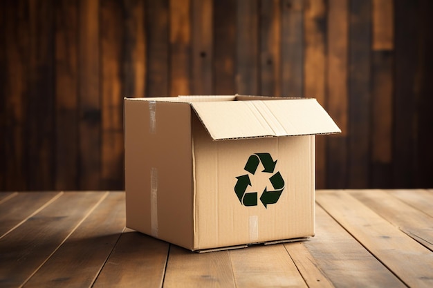 Caja de cartón con símbolo de reciclaje sobre fondo de madera