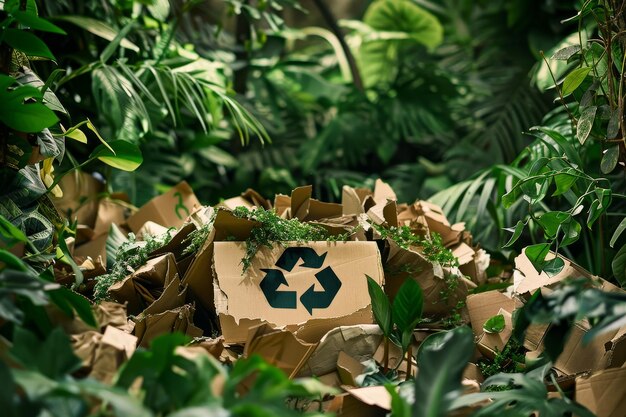 Una caja de cartón con un símbolo de reciclaje verde en ella está sentada en una pila de tras