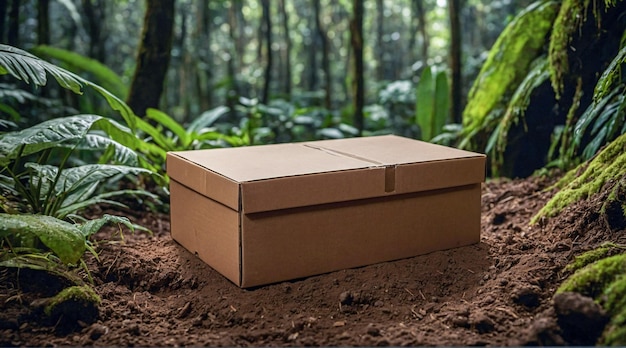 Foto caja de cartón en el suelo con fondo de planta verde concepto de entrega y logística