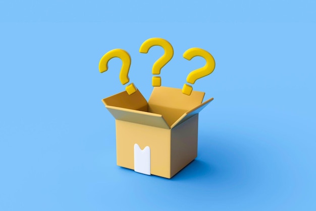 Caja de cartón con tres signos de interrogación sobre fondo azul.