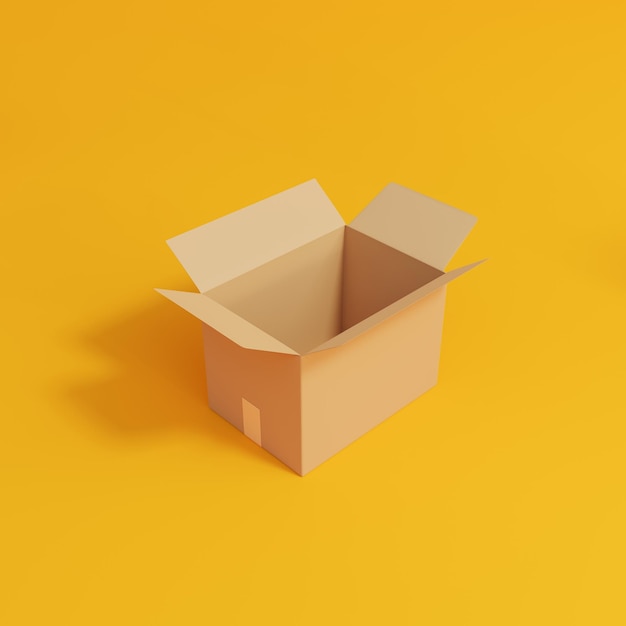 Caja de cartón vacía sobre fondo amarillo ilustración 3d