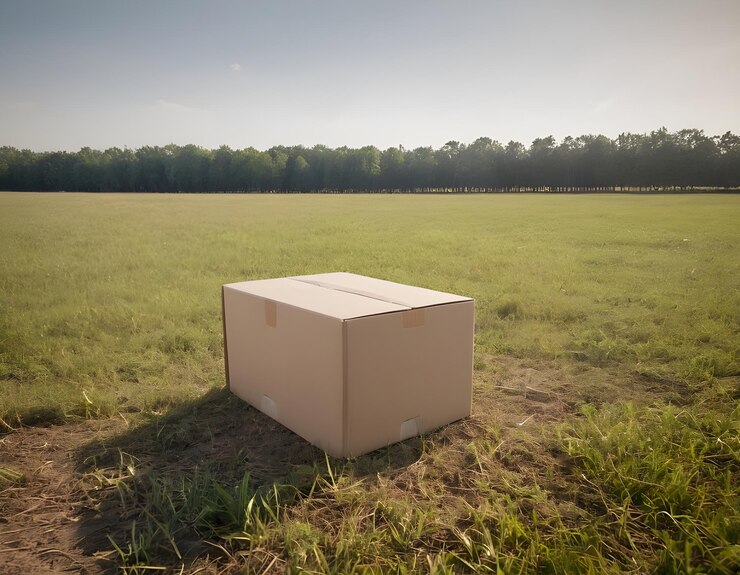 Una caja de cartón en un vasto campo