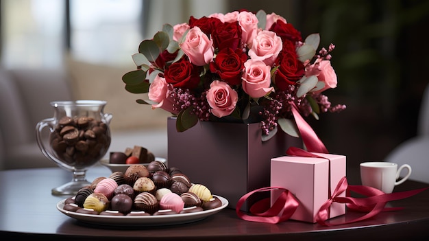 caja de chocolate en la mesa con un ramo de flores románticamente