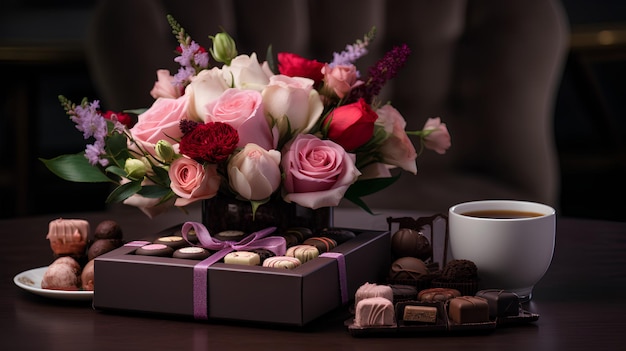 caja de chocolate en la mesa con un ramo de flores románticamente