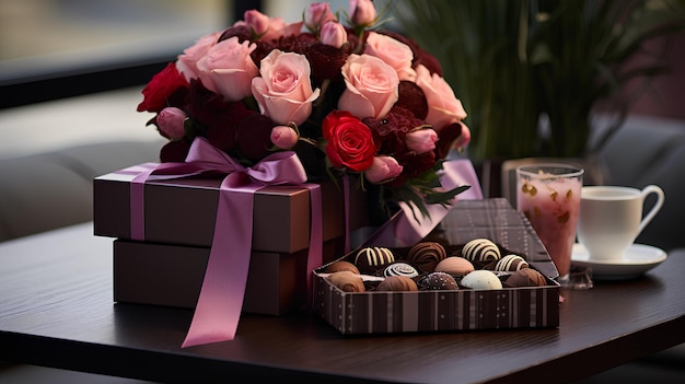 caja de chocolate en la mesa con un ramo de flores románticamente