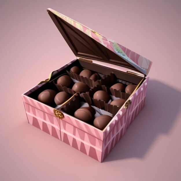 una caja de chocolates con una caja rosa de chocolatos