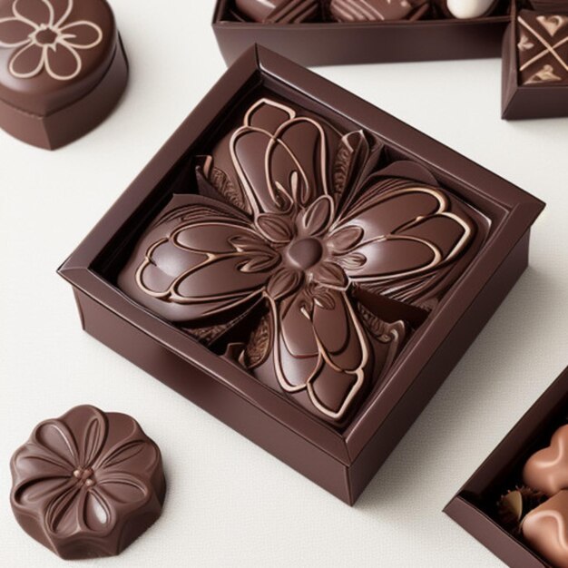 Foto una caja de chocolates con un diseño de flores en el medio