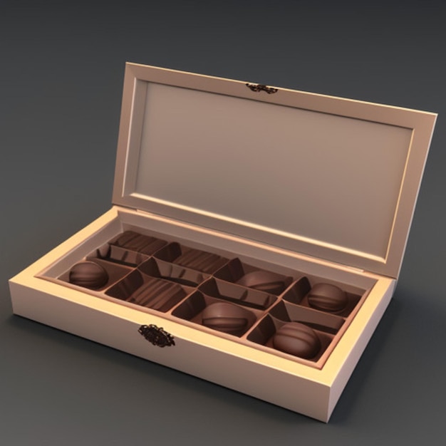 una caja de chocolates está abierta y tiene una caja que dice "chocolate" en ella