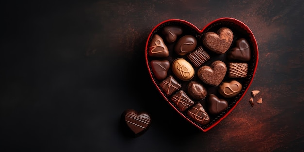 Foto caja de chocolates en forma de corazón en un fondo oscuro con espacio de copia día de san valentín y concepto de amor