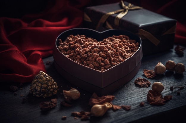 Una caja de chocolates en forma de corazón se sienta en una mesa con una cinta roja y una caja de ajo al lado.
