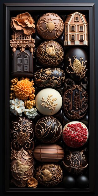 Foto una caja de chocolates con una puerta que dice los chocolates en él