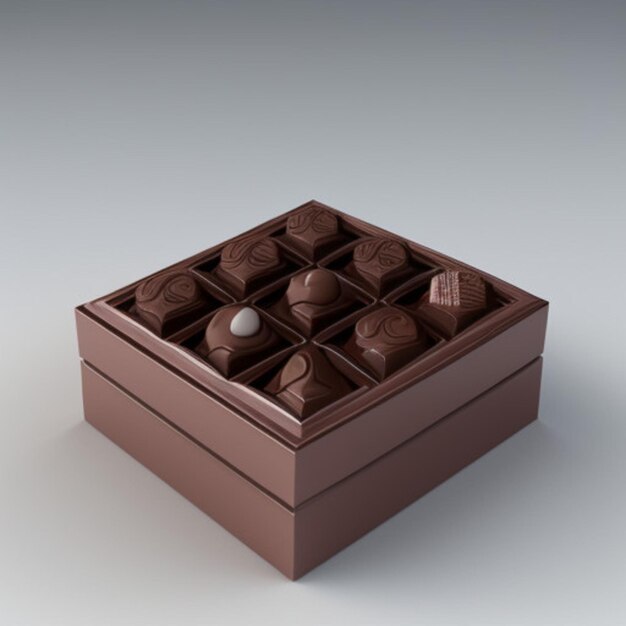 una caja de chocolates con uno que tiene chocolate en ella