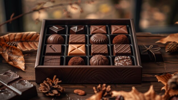 Una caja de chocolates se sienta en una mesa de madera la caja está abierta y los chocolates están dispuestos en un ordenado