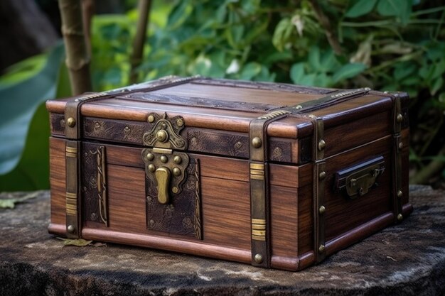 Caja de cigarros de madera rústica con detalles de latón creados con ai generativo