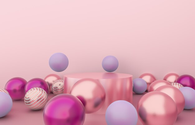 Caja de cilindro vacía con fondo de bolas de Navidad. Escena de exhibición de productos cosméticos de lujo. Render 3d