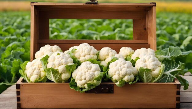 Foto una caja de coliflor está llena de hojas