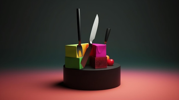Una caja colorida con un cuchillo y una vela.