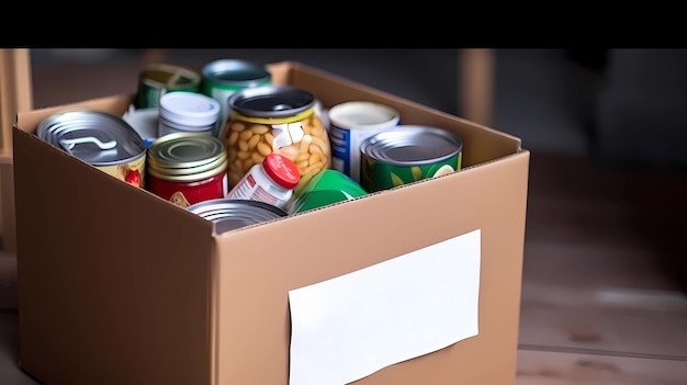 Una caja de comida enlatada está sobre una mesa con un papel blanco que dice "comida".