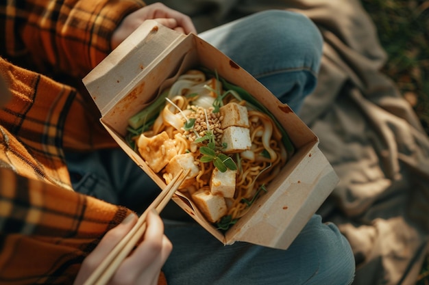 Caja de comida para llevar de fideos fritos y tofu con IA generada