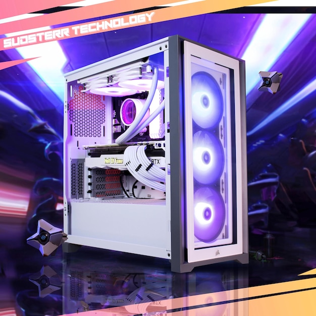 Una caja de computadora con luces moradas y las palabras gran tecnología occidental.