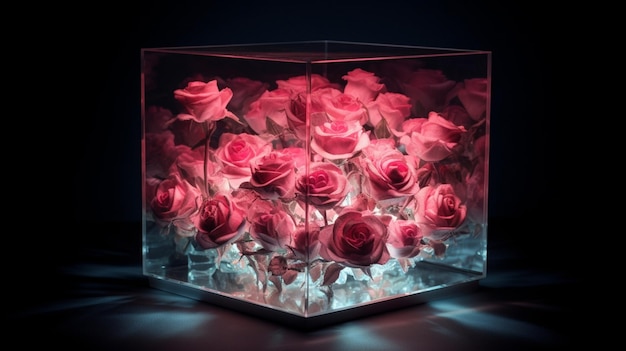 Una caja de cristal con rosas rojas en el interior