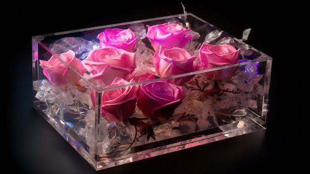 Una caja de cristal con rosas rosas en ella