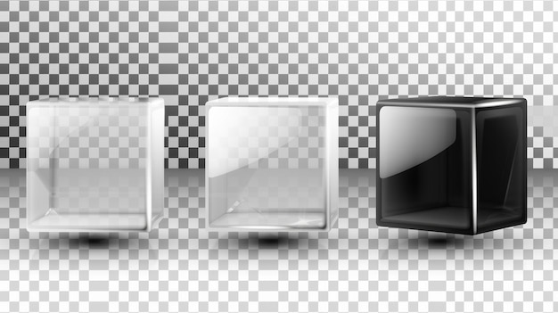 Foto caja de cubos de vidrio 3d moderna aislada en fondo transparente creado bloque geométrico en blanco y negro con reflejos conjunto de polígonos de diseño de objetos acrílicos brillantes