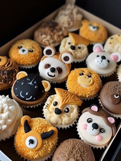 Una caja de cupcakes con un león en la parte delantera.